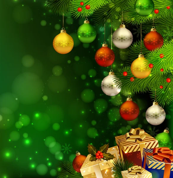 绿色圣诞背景与各种各样的礼品和绿色杉木树 — 图库矢量图片