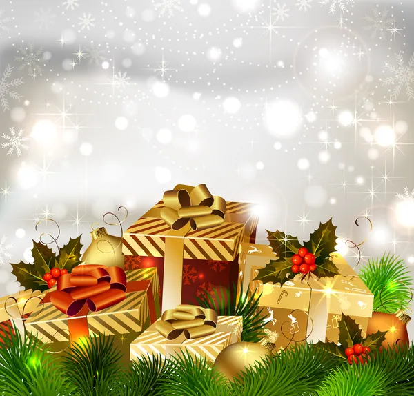 Jul bakgrund med olika gåvor och gröna GranTree — Stock vektor