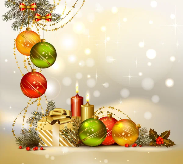 Fond de Noël lumineux avec des boules de soirée, des bougies et un cadeau — Image vectorielle