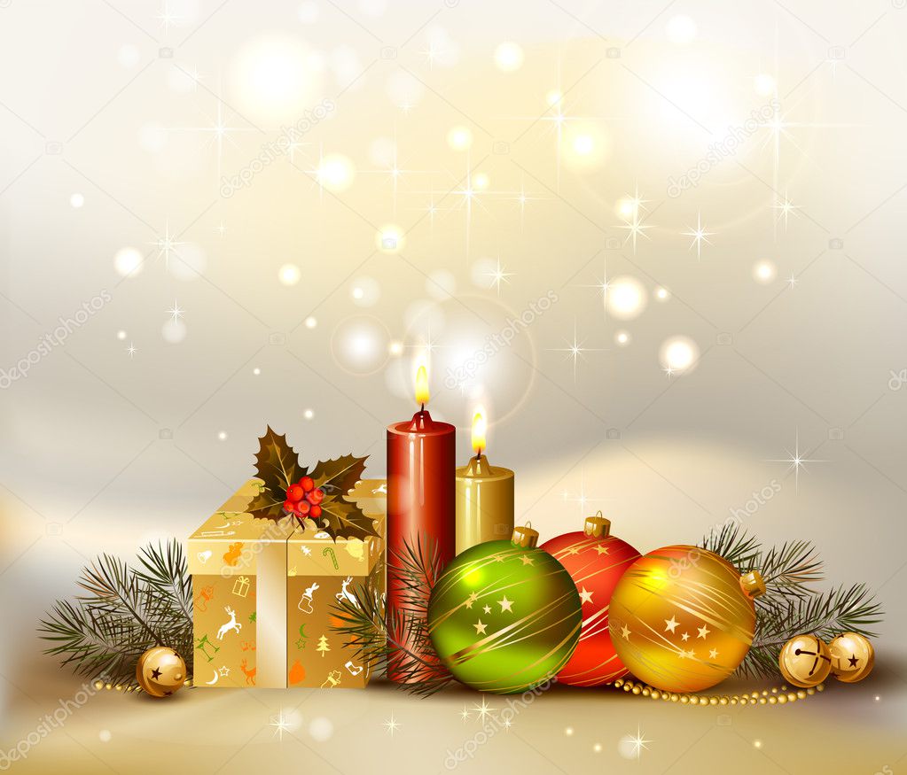 Light Christmas background with evening balls, candles and gift