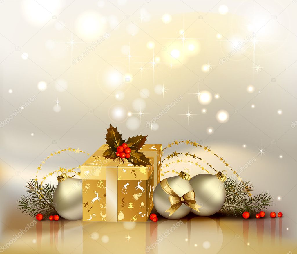 Light Christmas background with gold evening balls and gift