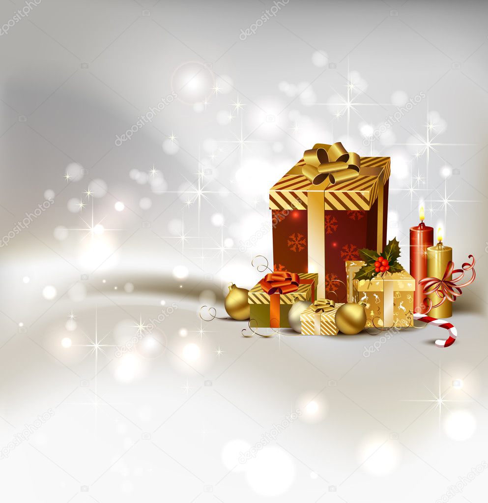 Light Christmas background with burning candles and Christmas gifts