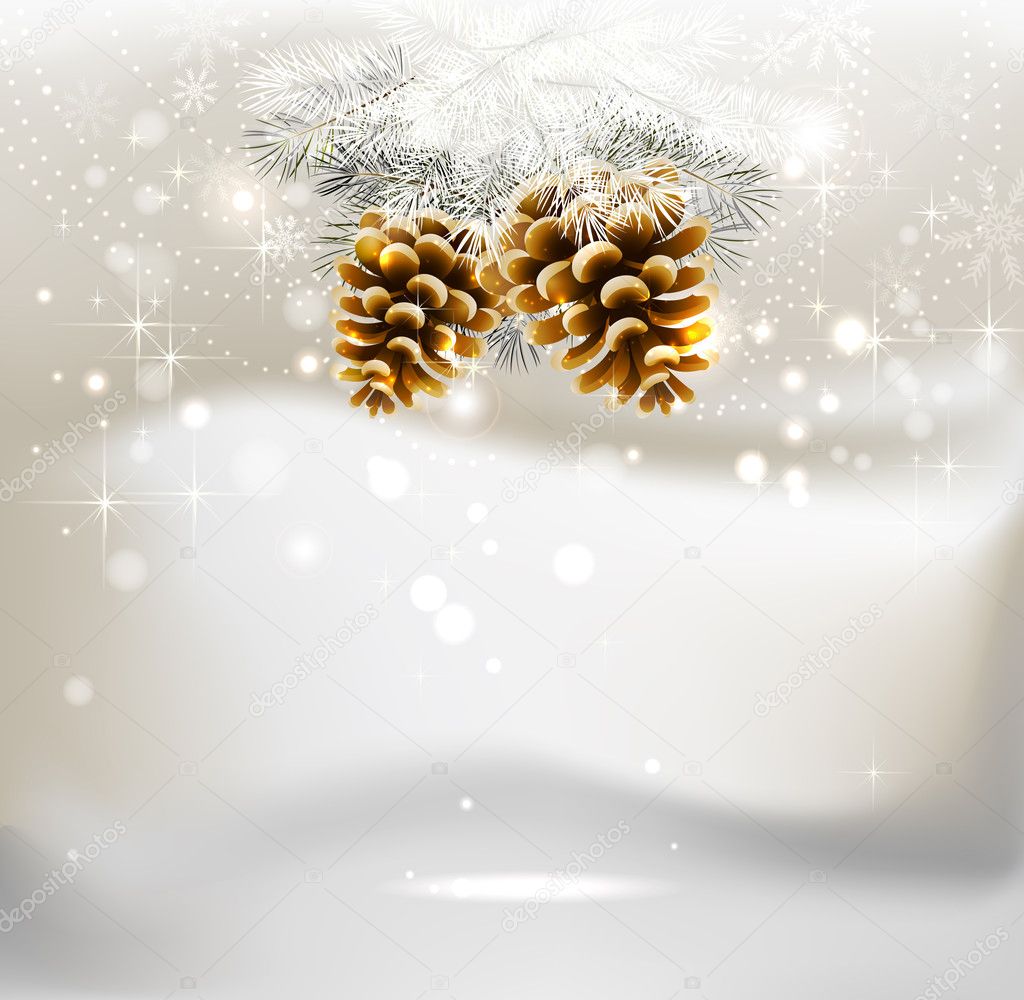 Light Christmas background with two cones and fir tree