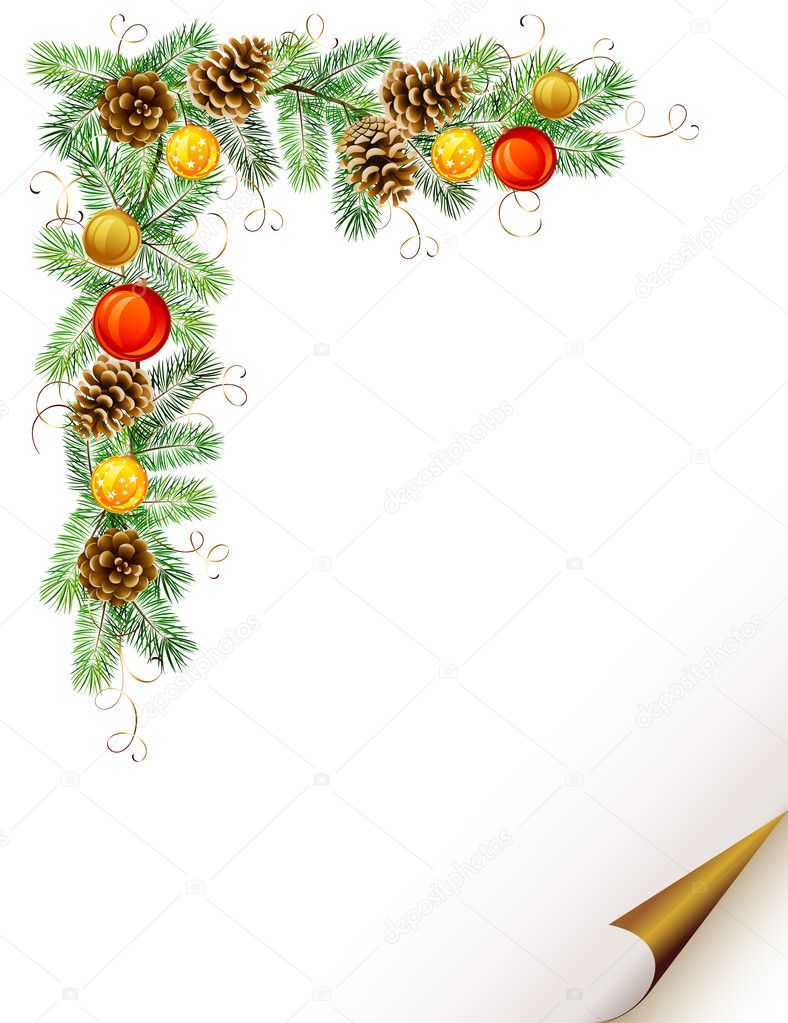 Christmas background with fir tree, cones and evening balls formed corner