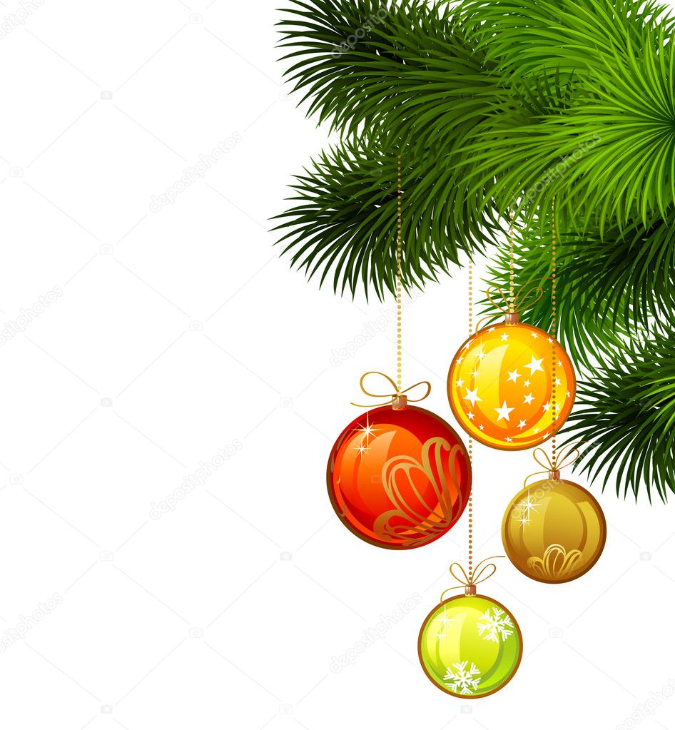 Christmas branch of fir tree with colored evening balls on the white background