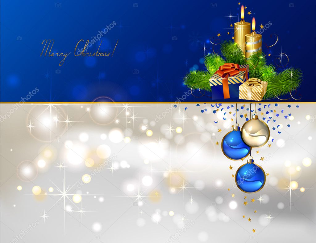 Light Christmas background with burning candles and Christmas gift