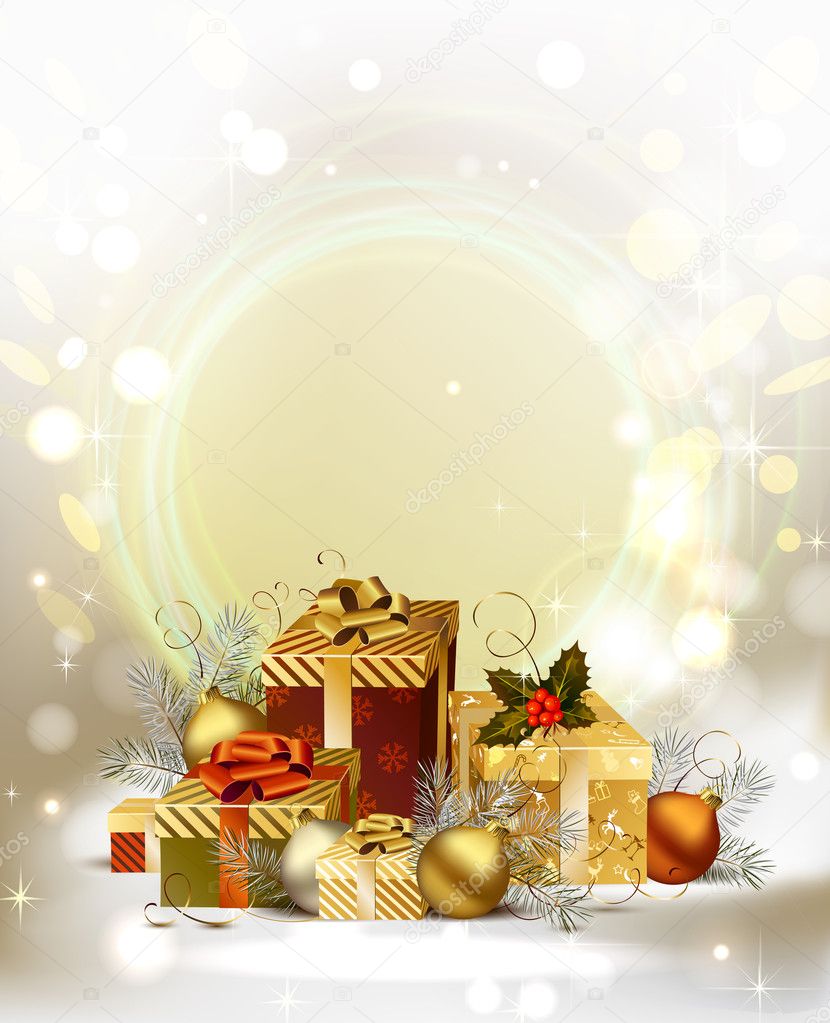 Christmas background with baubles and Christmas gifts