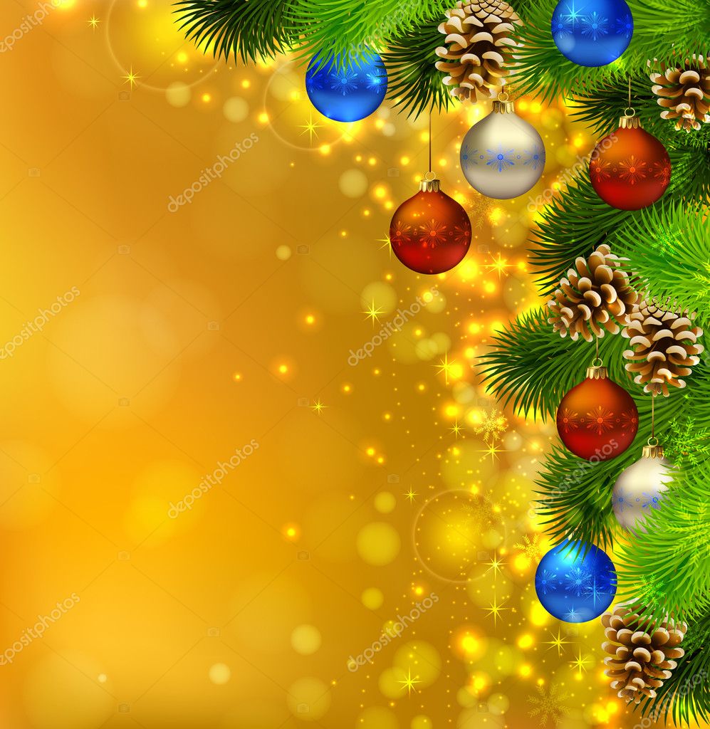 Bright Christmas background with fir tree, cones and evening balls ...