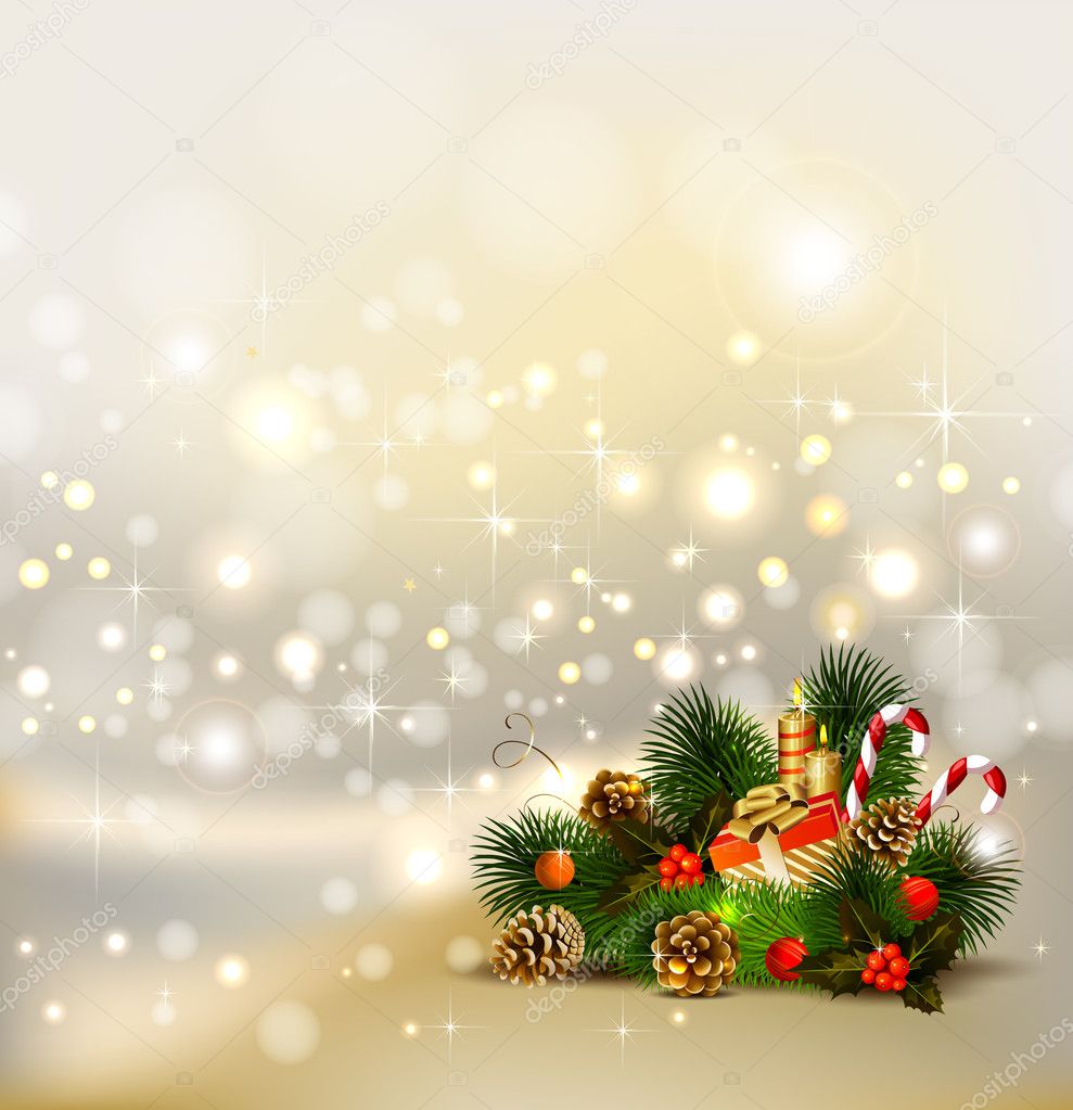 Christmas background with still life of fir tree with burning candles and Christmas bauble in the corner