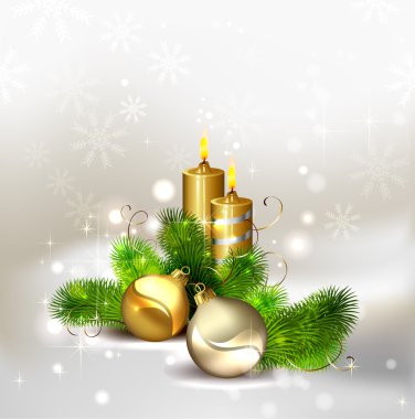 Christmas background with burning candles and Christmas bauble clipart