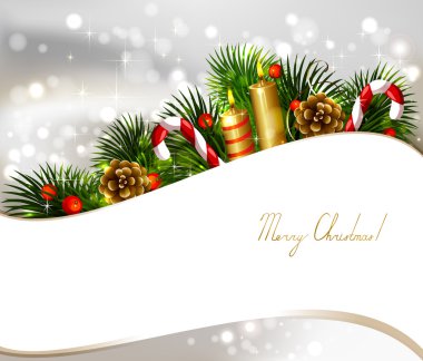 Christmas background with branch of fir tree with burning candles and Christmas bauble clipart