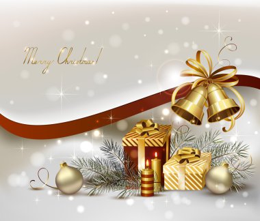 Light Christmas background with burning candles, bells and Christmas gift clipart