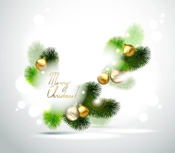 Çam ağacı ile altın ve gümüş topları beyaz zemin üzerine akşam Noel dalı — Stok Vektör