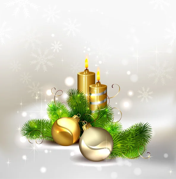 Kerstmis achtergrond met brandende kaarsen en Kerstbal — Stockvector