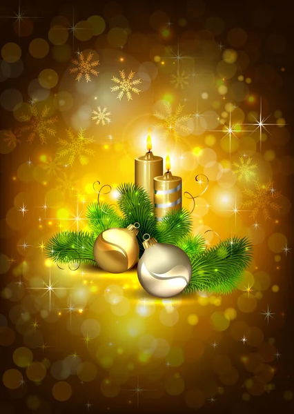 Fond de Noël brun avec des bougies allumées et boule de Noël — Image vectorielle