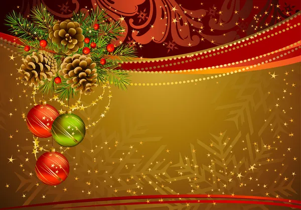 Χρυσό φόντο Χριστούγεννα με το δέντρο έλατου, κώνους και βράδυ μπάλες — Διανυσματικό Αρχείο
