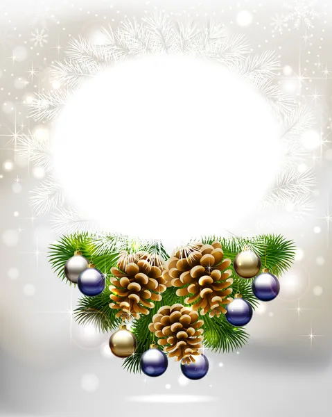 Kerstmis achtergrond met fir tree, kegels en 's avonds ballen — Stockvector