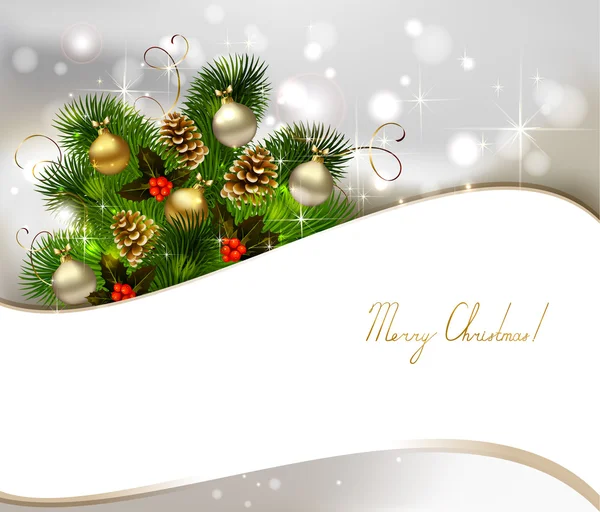 Jul bakgrund med fir tree, kottar och kvällen bollar — Stock vektor