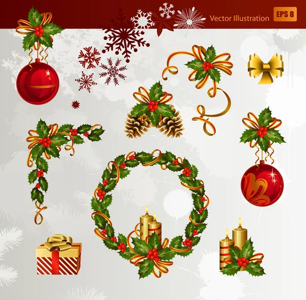 Ensemble vectoriel de Noël de houx, bougies allumées et boules de soirée — Image vectorielle