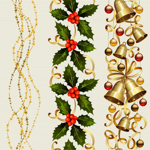 3 クリスマスのシームレスな飾りガーランド、ホリーとお祝い鐘のセット — ストックベクタ