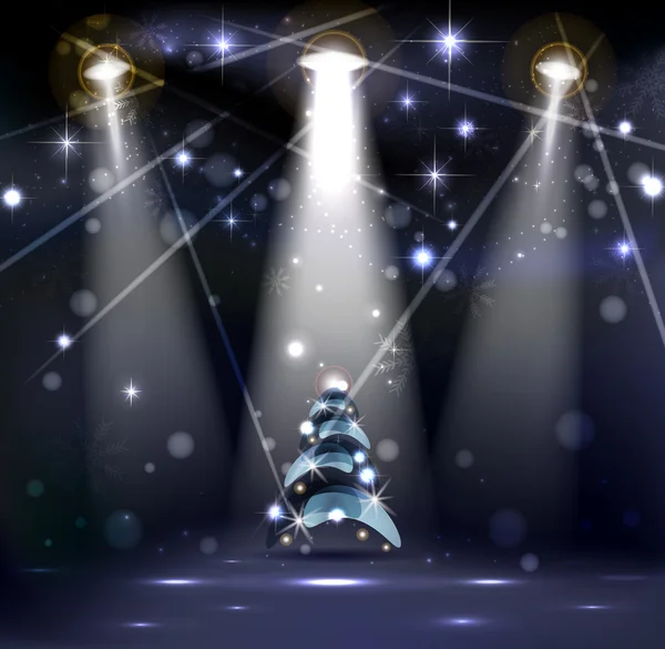Donkere Kerstmis fase spotlight met sneeuwvlokken en knappe kerstboom — Stockvector