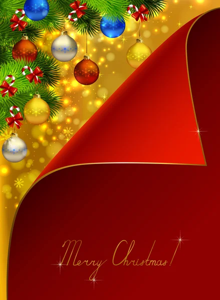 Piros üdvözlőlap kiterjed karácsonyi háttér, fenyő, cukorka és golyó este — Stock Vector