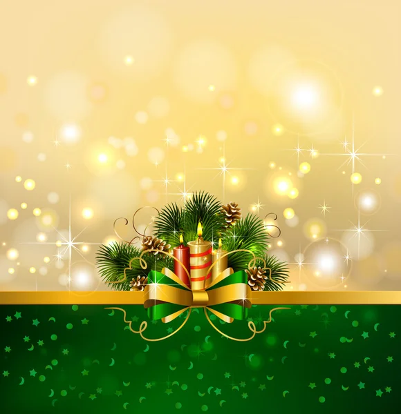 燃焼ろうそくやクリスマスのモミの木とクリスマスの背景 — ストックベクタ
