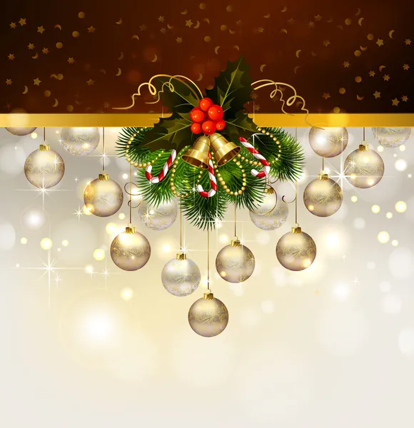 Рождественский фон с украшением елки и вечерних балов — стоковый вектор