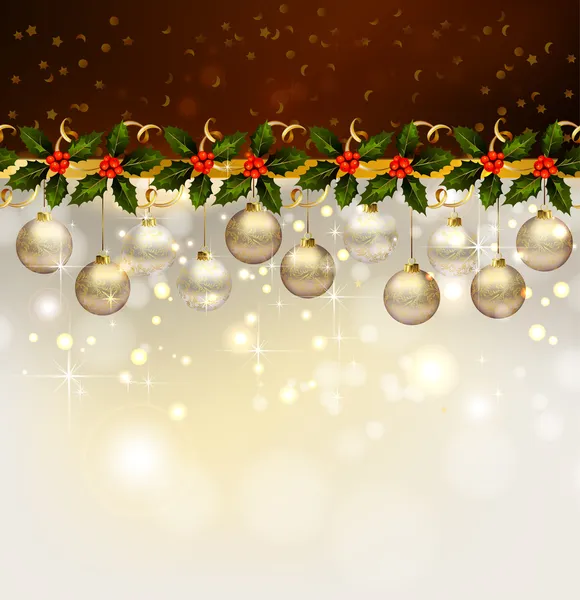 Sfondo natalizio con decorazione agrifoglio e palle da sera — Vettoriale Stock