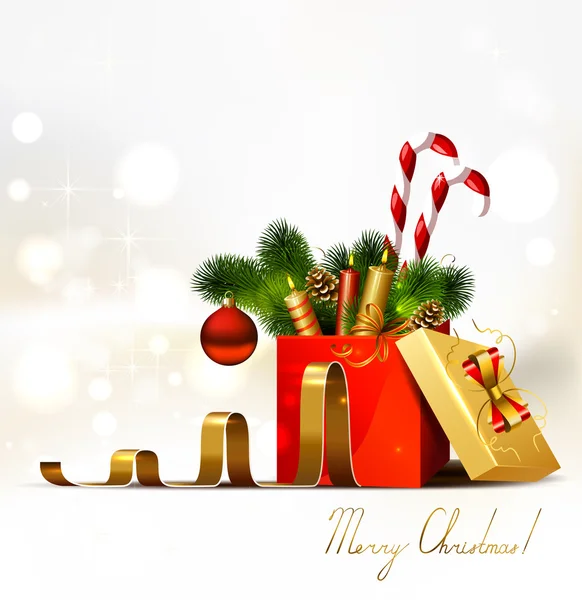 Arrière-plan avec cadeau de Noël ouvert et branches de sapin, bougies, bonbons dedans — Image vectorielle