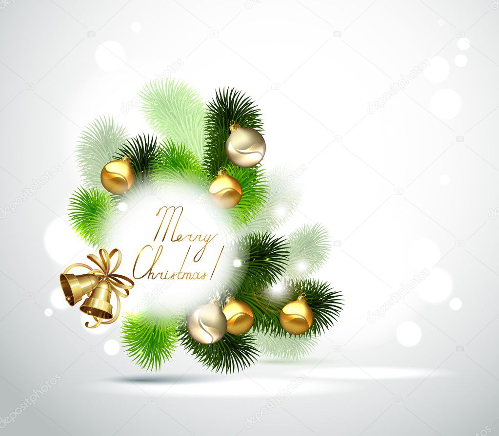 Christmas branch of fir tree with gold and silver evening balls on the white background