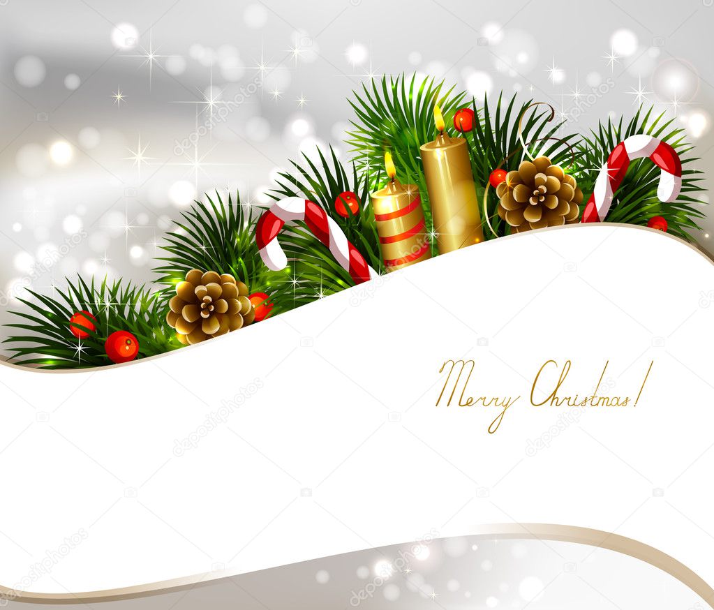 Christmas background with branch of fir tree with burning candles and Christmas bauble