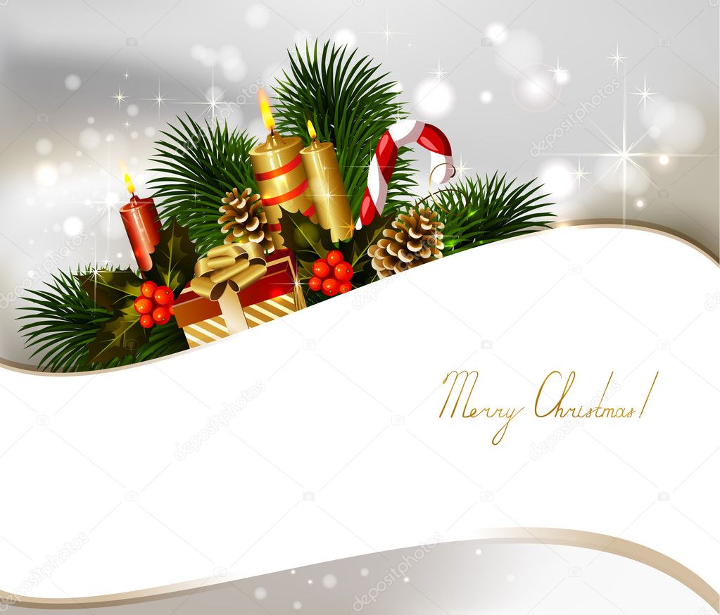 Christmas background with branch of fir tree with burning candles and Christmas bauble