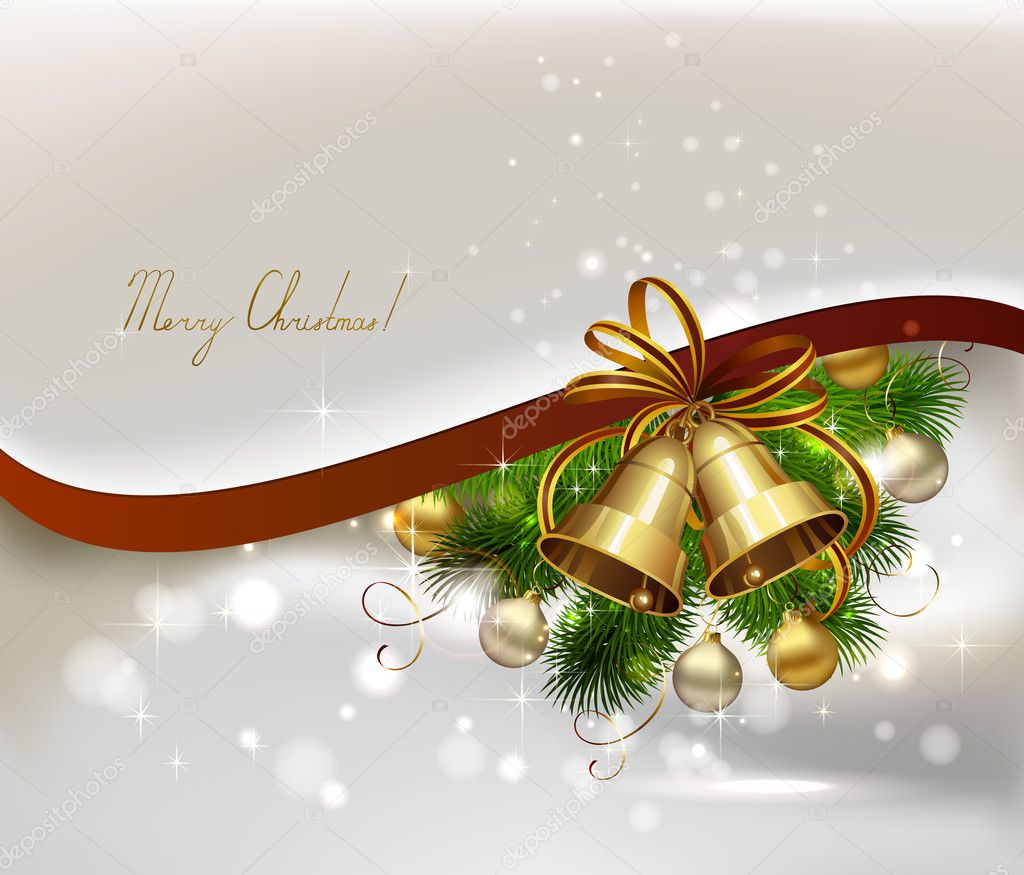 Christmas background with fir tree, bells and evening balls