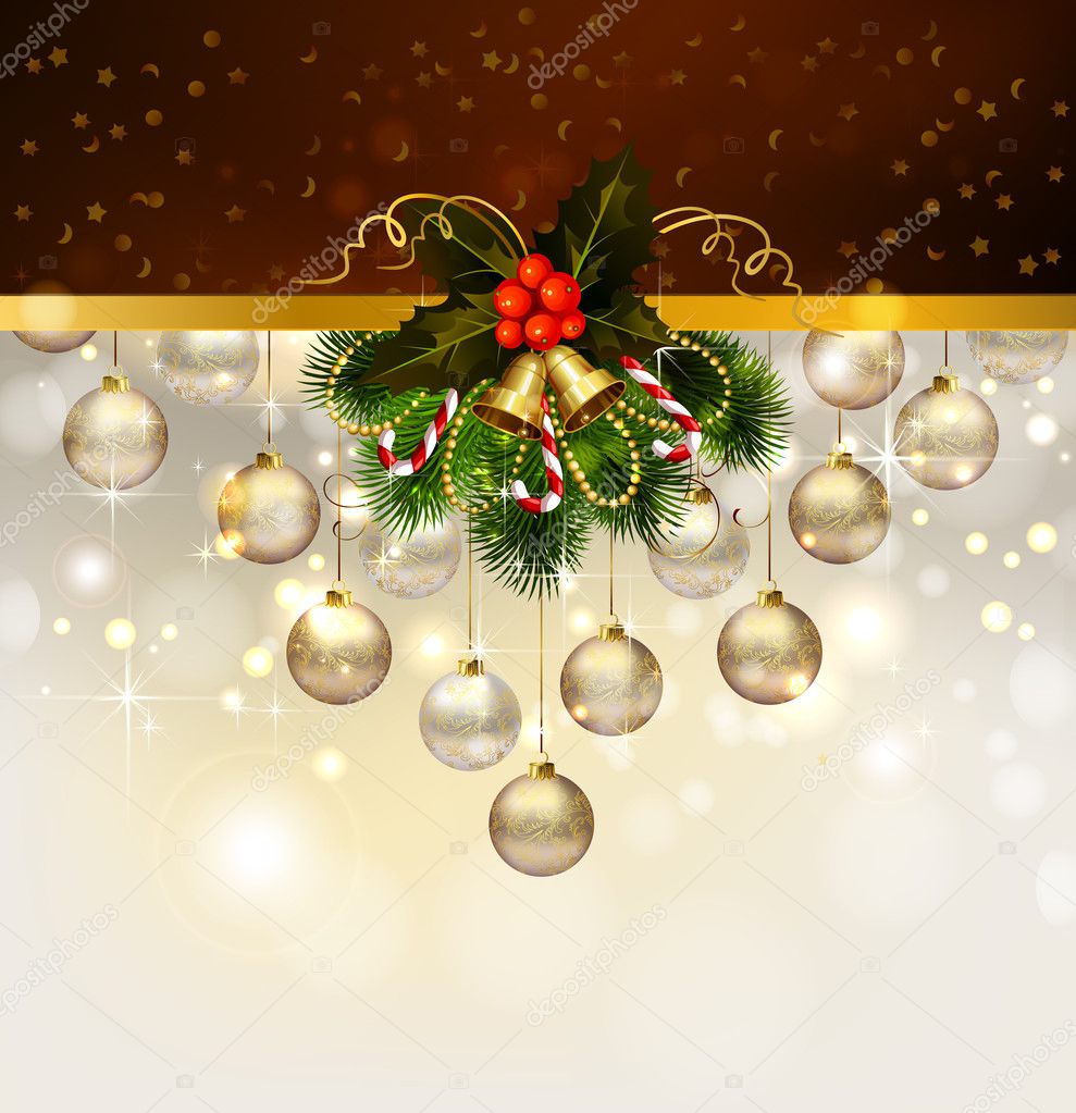 Christmas background with decoration of fir tree and evening balls