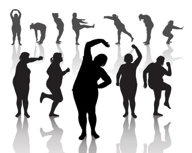 12 figures of thick women doing morning exercises clipart