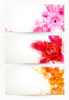 Set of three banners, abstract headers with flowers and artistic blots clipart