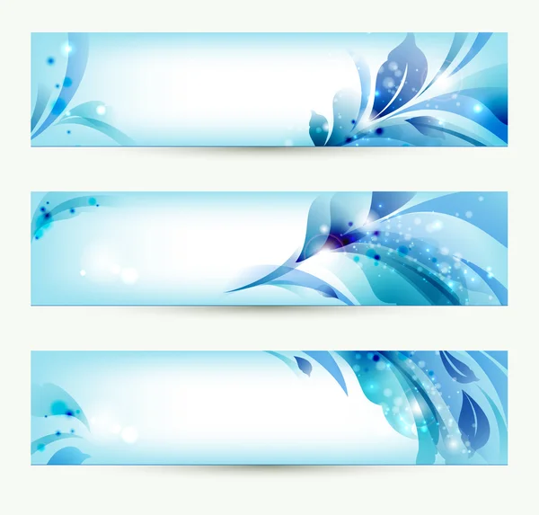 Conjunto de tres banners, encabezados abstractos con manchas azules — Vector de stock