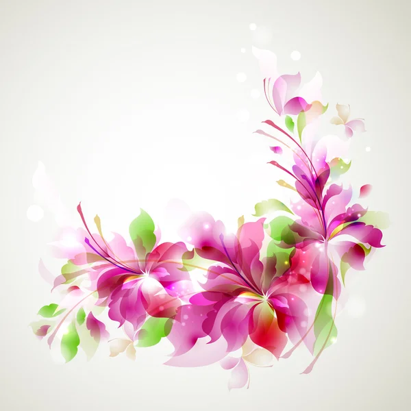 Fondo tierno con tres flores abstractas y pequeñas mariposas — Vector de stock