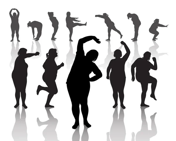 12 фигурок толстых женщин, занимающихся утренними упражнениями — стоковый вектор