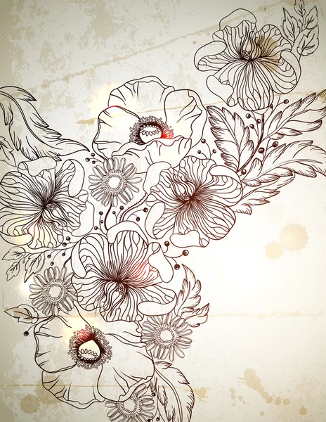 Винтажный фон с веточкой цветов, нарисованной вручную — стоковый вектор