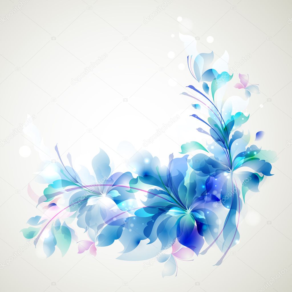 Tender background with three abstract flower and small butterflies