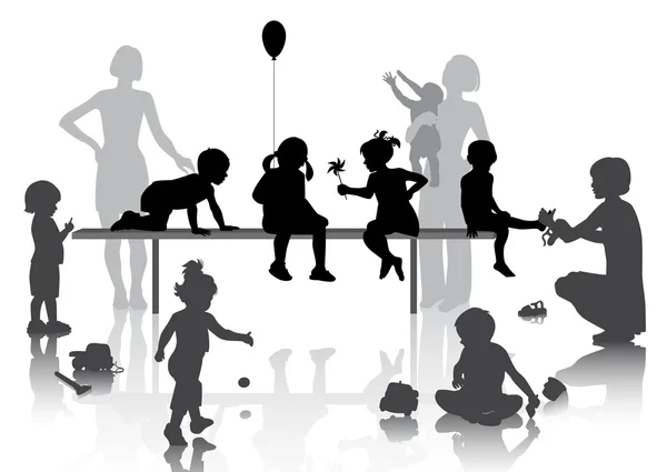 8 crianças brincando com alguns brinquedos —  Vetores de Stock