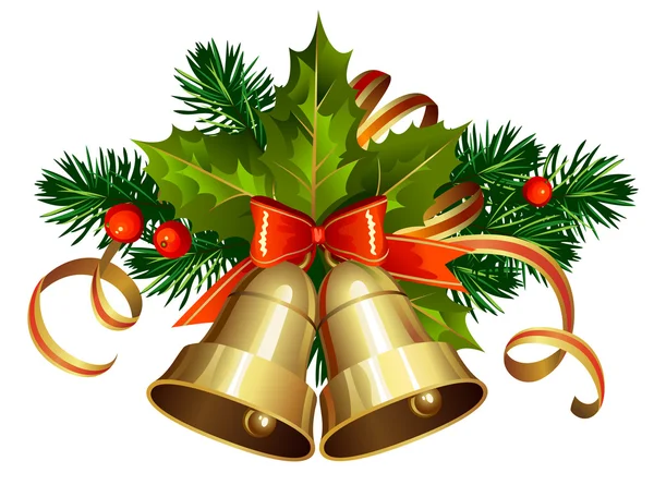 Décoration de Noël avec arbres à feuilles persistantes et cloches — Image vectorielle
