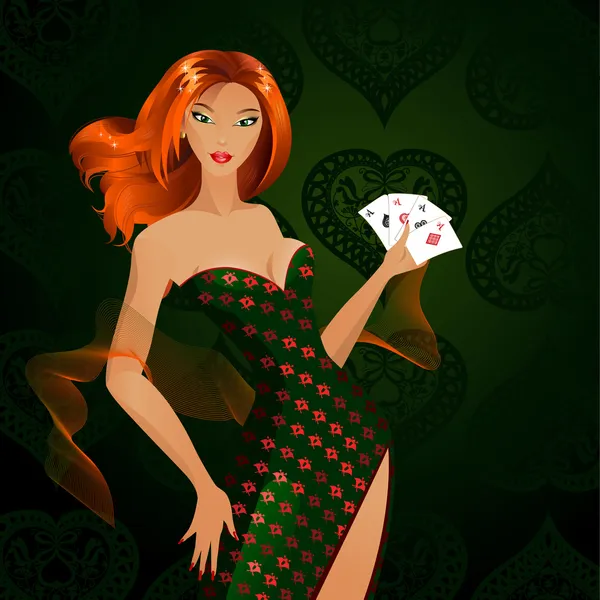 Красивая модная девушка с игральными картами — стоковый вектор