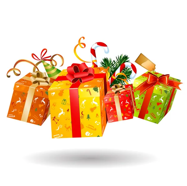 Quatre sautant des cadeaux de Noël lumineux — Image vectorielle