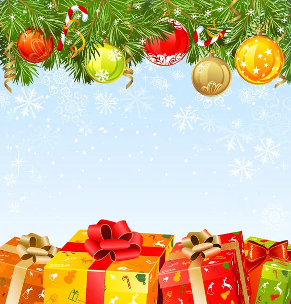 Four Christmas gifts under a fir-tree — Stock Vector