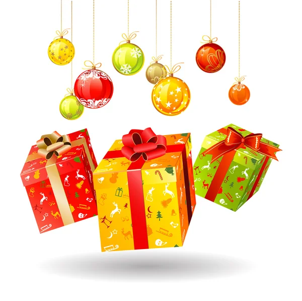 Three jumping bright Christmas gifts — Stock Vector