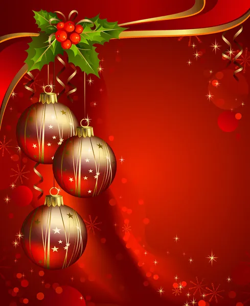 Drie glanzende bal op de rode achtergrond van Kerstmis — Stockvector