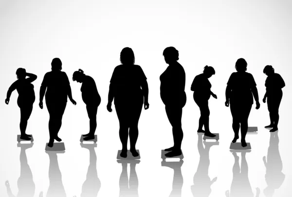 Acht Figuren dicker Frauen stehen auf der Waage — Stockvektor